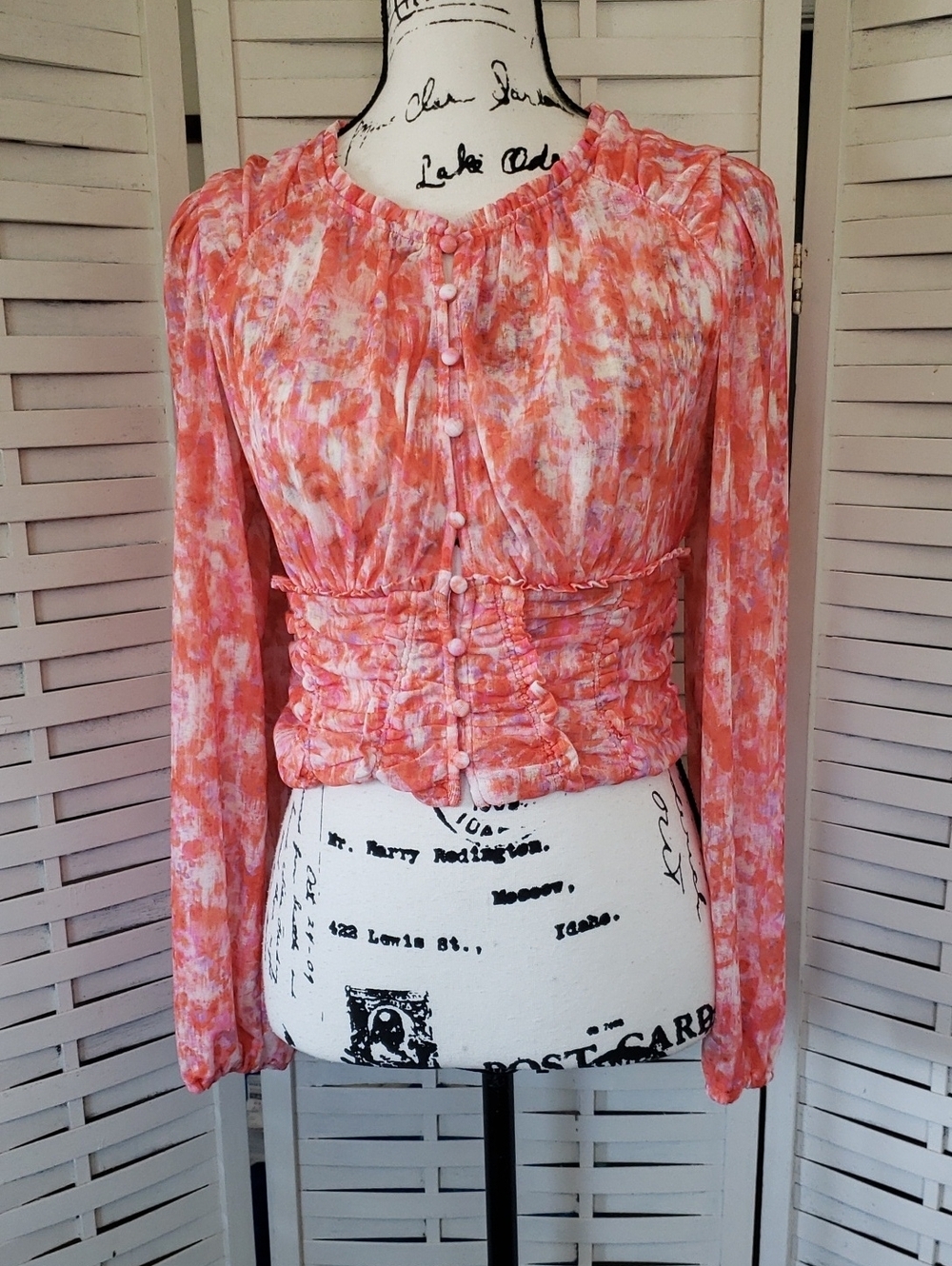 Anthropologie Pink Coral & White Watercolor Ruched Button-Front Blouse Size S